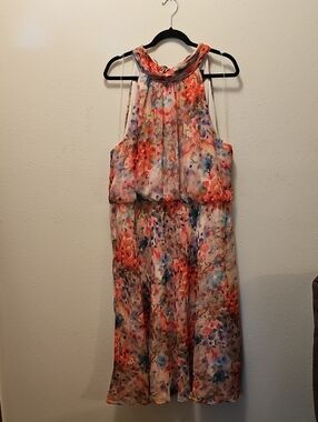 Adrianna Papell Floral Halter Midi Dress with silver and gold metallic accents